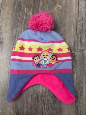 Coco melón toddler girl Winter Earflap Beanie Hat with Pom Pom - Pink & Purple